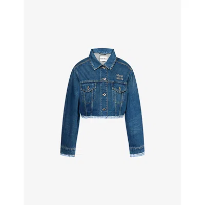Miu Miu Womens Check-trim Logo-embroidered Denim Jacket Bleu