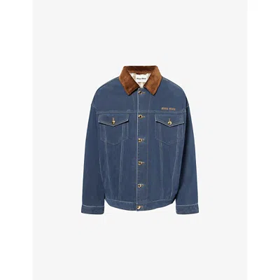 Miu Miu Womens Bleu Embroidered-logo Padded Denim Jacket In Blue