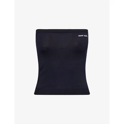 Miu Miu Womens Logo-intarsia Bandeau Wool Knitted Top Bleu In Blue