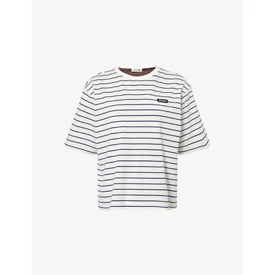 Miu Miu Womens Blu Cacao Striped Logo-patch Cotton-jersey T-shirt In White