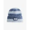 Miu Miu Womens Blu+cielo Striped Logo-patch Wool-blend Beanie Hat