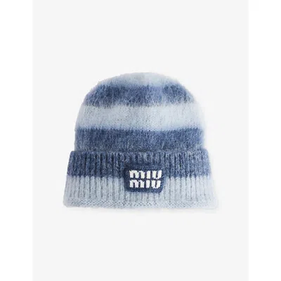 Miu Miu Womens Blu+cielo Striped Logo-patch Wool-blend Beanie Hat