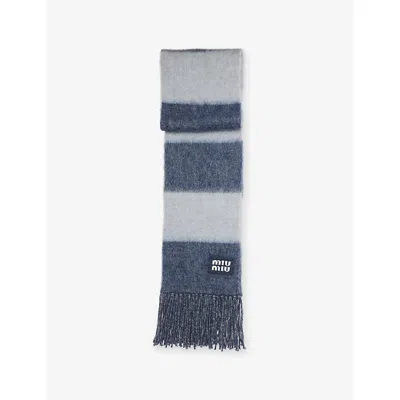 Miu Miu Womens Blu+cielo Striped Logo-patch Wool-blend Scarf