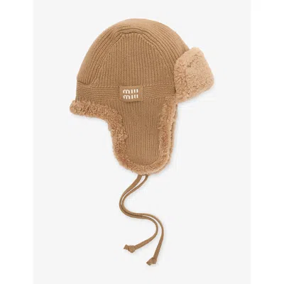 Miu Miu Womens Brand-logo Wool And Cashmere Trap Hat Cammello