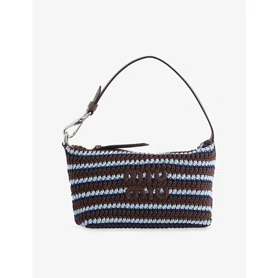 Miu Miu Womens Cacao+celeste Striped Embroidered-logo Cotton-crochet Handbag
