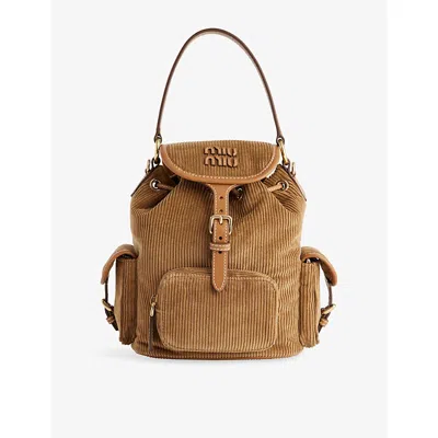 Miu Miu Womens Cannella Embroidered-logo Flap-pocket Cotton-corduroy Backpack In Brown