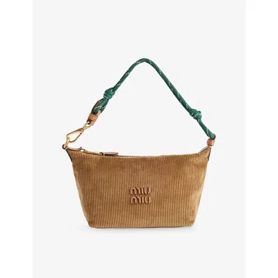 Miu Miu Womens Cannella+verde Corduroy Embroidered-logo Cotton Handbag