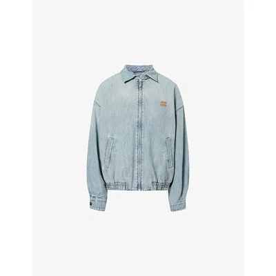 Miu Miu Womens Celeste Logo-embroidery Blouson Chambray Cotton Jacket In Blue