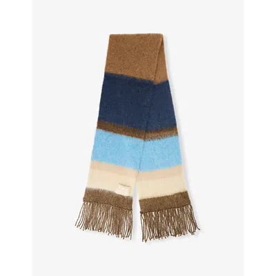 MIU MIU WOMENS COGNAC/BLU STRIPE-PATTERN LOGO-EMBROIDERED WOOL-BLEND SCARF