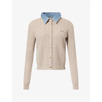 Miu Miu Womens Contrast-collar Wool And Cashmere-blend Cardigan Sabbia In Brown