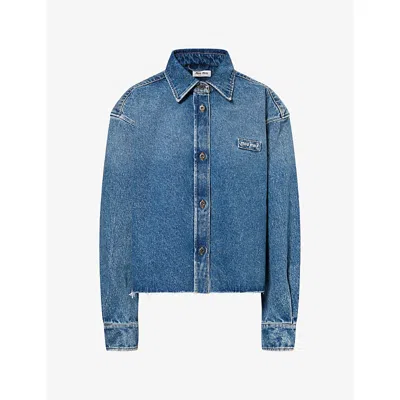 Miu Miu Womens Cropped Frayed-edge Denim Shirt Bleu In Blue