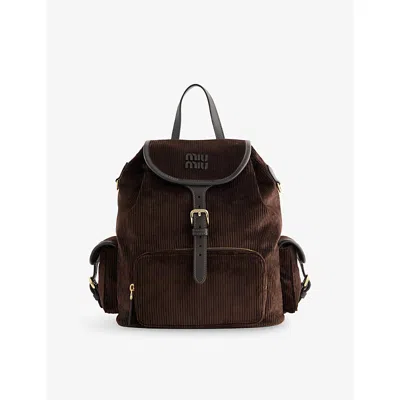 Miu Miu Womens  Brand-appliqué Large Cotton-corduroy Backpack In Brown