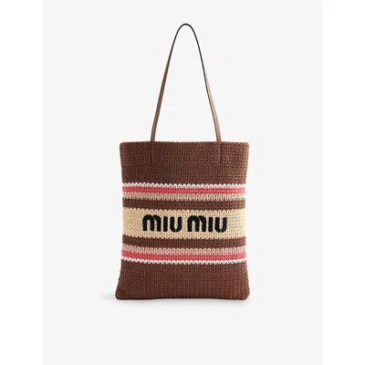 Miu Miu Womens Embroidered-logo Crochet Tote Bag Tabacco+fragola+nat