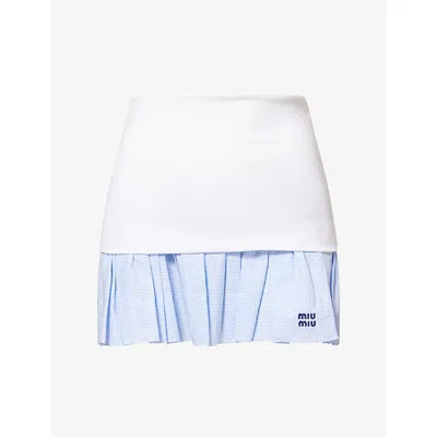 Miu Miu Womens Embroidered-logo Gingham Stretch-cotton Mini Skirt Bianco+cielo