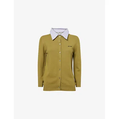 Miu Miu Womens Felce Cacao Striped-collared Knitted-logo Cashmere Cardigan In Brown