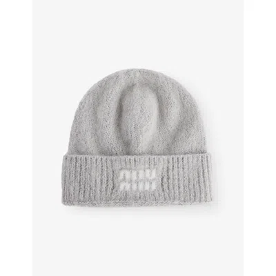 Miu Miu Womens Grigio Logo-print Mohair-wool Beanie Hat In Grey