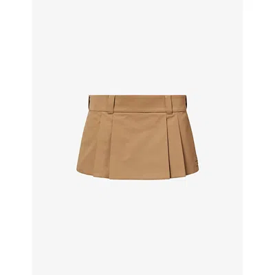 Miu Miu Womens Logo-embroidered Pleated Cotton Mini Skirt Sughero