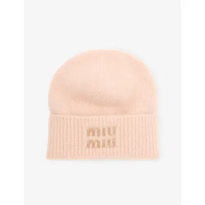 Miu Miu Womens Logo-intarsia Mohair Wool-blend Beanie Opale