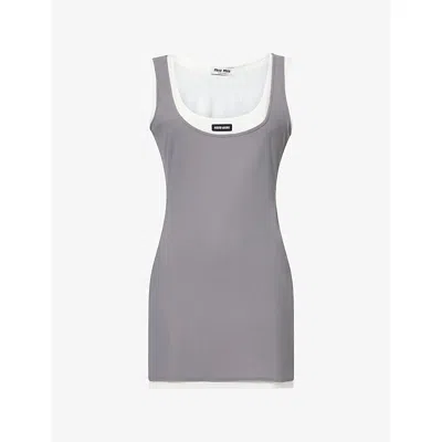 Miu Miu Womens Logo-patch Layered Jersey Mini Dress Bleu In Gray