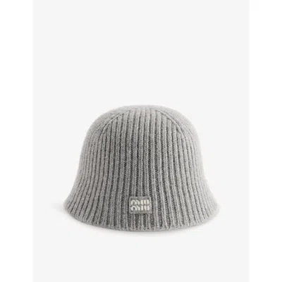 Miu Miu Womens Logo-patch Rib-knit Wool And Cashmere Bucket Hat Grigio
