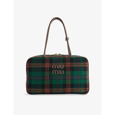 Miu Miu Womens Nero+biliardo Beau Tartan Wool-blend Top Handle Bag