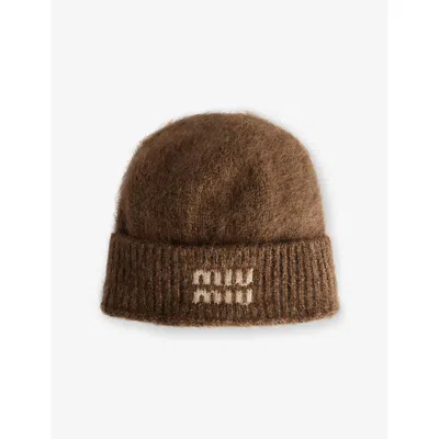 Miu Miu Womens Tabacco Brand-print Brushed Wool-blend Beanie In Brown