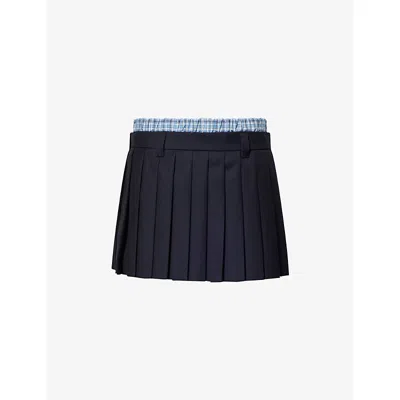 Miu Miu Womens Bleu Pleated Check-waistband Wool Mini Skirt In Blue