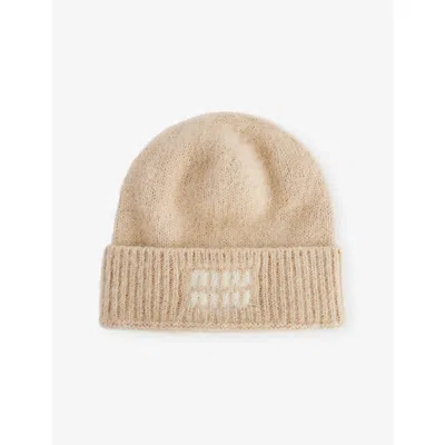 Miu Miu Womens Naturale Logo-print Mohair-wool Beanie Hat In Neutral