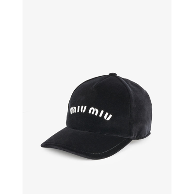 MIU MIU MIU MIU WOMEN'S NERO+BIANCO BRAND-EMBROIDERED VELOUR CAP