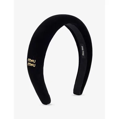 Miu Miu Womens Nero Logo-plaque Cotton-velvet Headband In Black