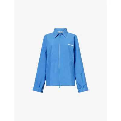 Miu Miu Womens  Relaxed-fit Brand-plaque Woven Jacket In Blue