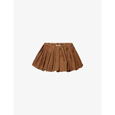 Miu Miu Womens Pleated Technical Woven Mini Skirt Caramello