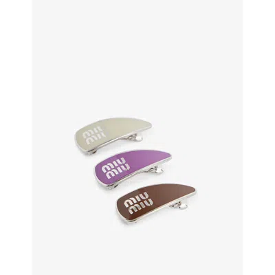 Miu Miu Womens  Enamelled Pack Of Three Metal Hair Clips In Tabacco+petunia+gess