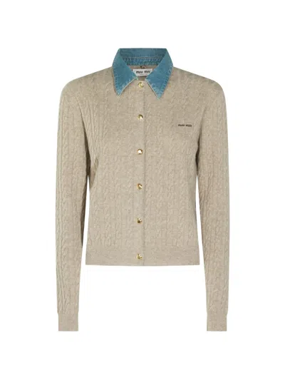 Miu Miu Cashmere Cable Knit Cardigan With Denim Collar In Brown