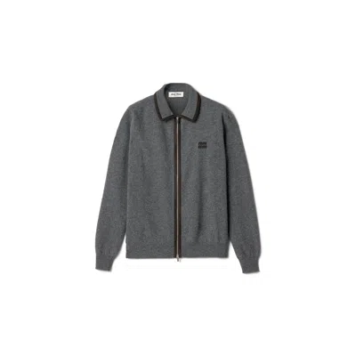 Miu Miu Wool And Cashmere Cardigan With Suede Details In Gray