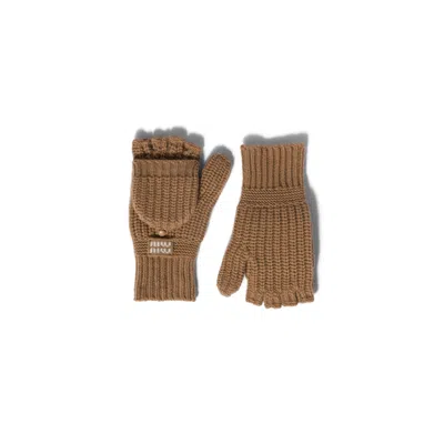 Miu Miu Wool And Cashmere Fingerless Gloves In Camel Brown
