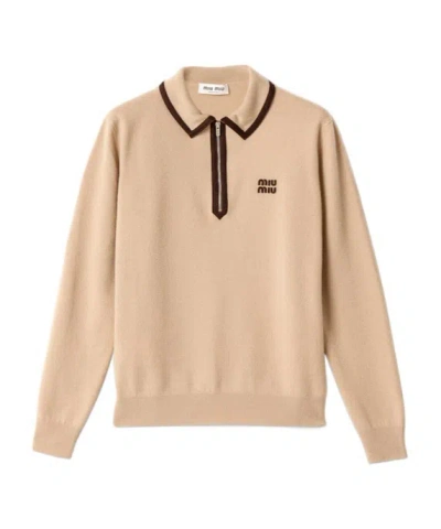 Miu Miu Wool And Cashmere Polo Sweater In Neutral