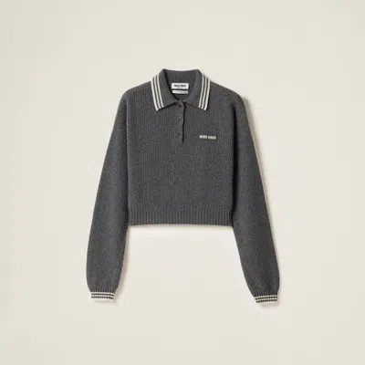 Miu Miu Wool And Cashmere Polo Sweater In Slate Gray