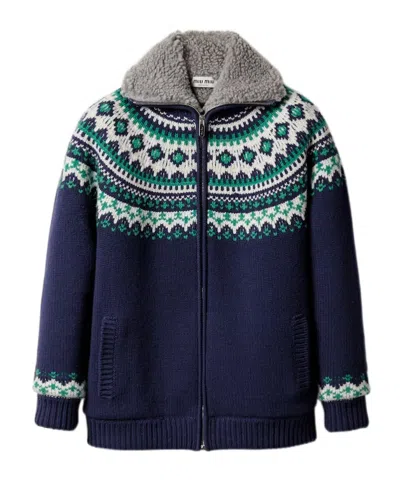 Miu Miu Wool And Fleece Cardigan With Zipper In Blue