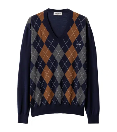 Miu Miu Wool Argyle Sweater In Blue