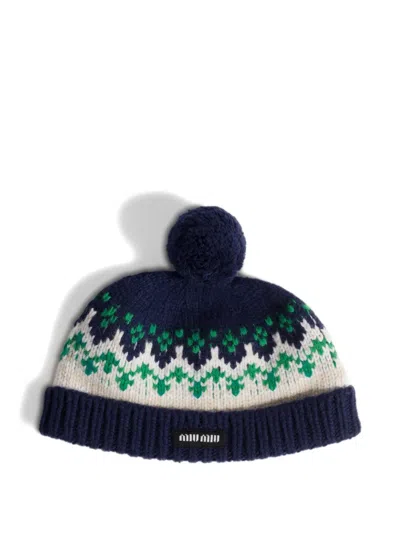 Miu Miu Navy Blue Knitted Beanie Hat In Black