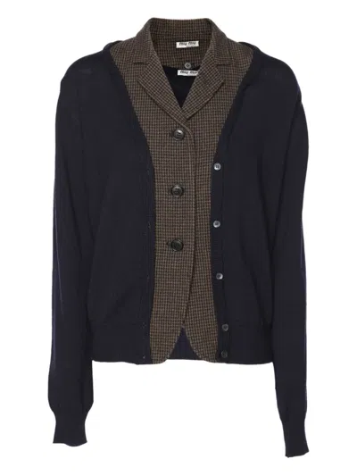 Pre-owned Miu Miu Wool-blend Houndstooth Cardigan In Blue