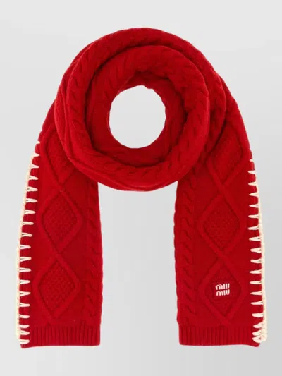 Miu Miu Wool Blend Scarf Cable Knit Contrast Trim In Red