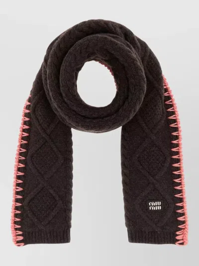 Miu Miu Wool Blend Scarf Cable Knit Contrast Trim In Brown