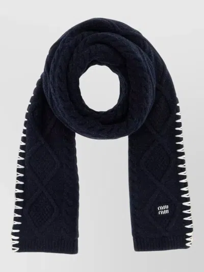 Miu Miu Wool Blend Scarf Cable Knit Pattern In Blue