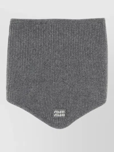 Miu Miu Wool Blend Scarf Knitted Ribbed Stretch Shape In Gray
