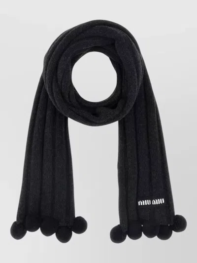 Miu Miu Wool Blend Scarf Ribbed Texture Tassel In Black