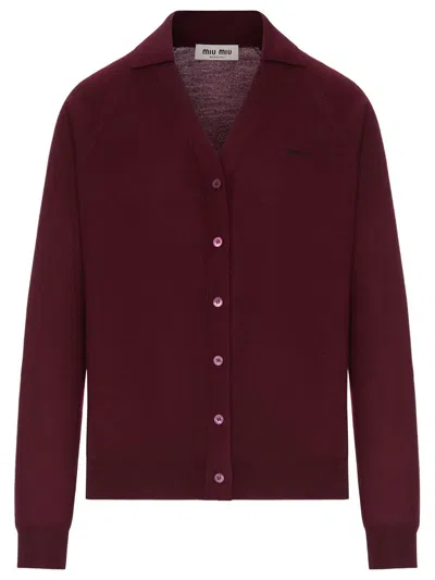 Miu Miu Wool Cardigan Polo Collar Straight Fit In Brown