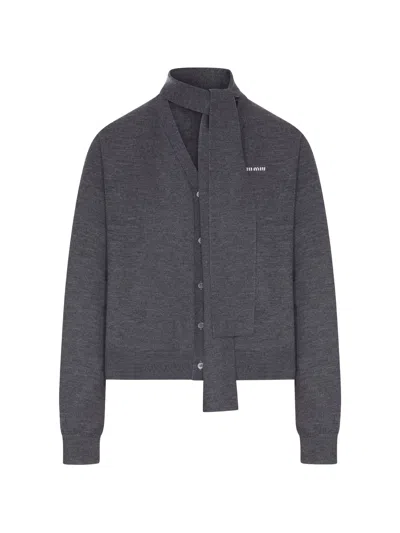 Miu Miu Wool Cardigan With Scarf And Logo In Gray