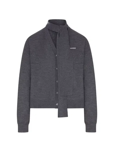 Miu Miu Miu Mini Logo Intarsia Wool Cardigan With Scarf Collar In Gray
